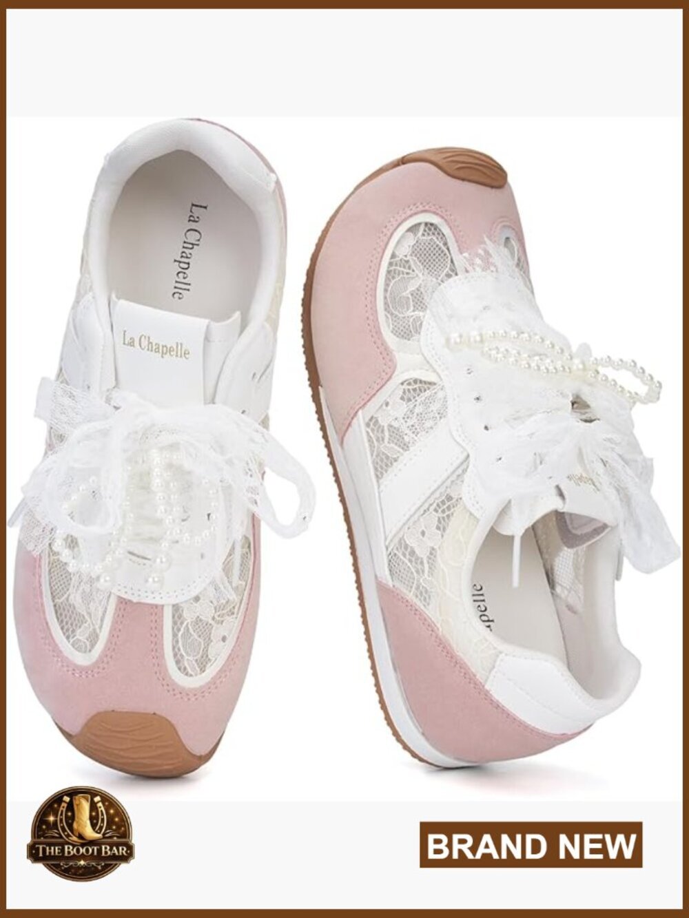 Fashion Sneakers with Lace & Pearl Bow Comfortable Cushioned Sole